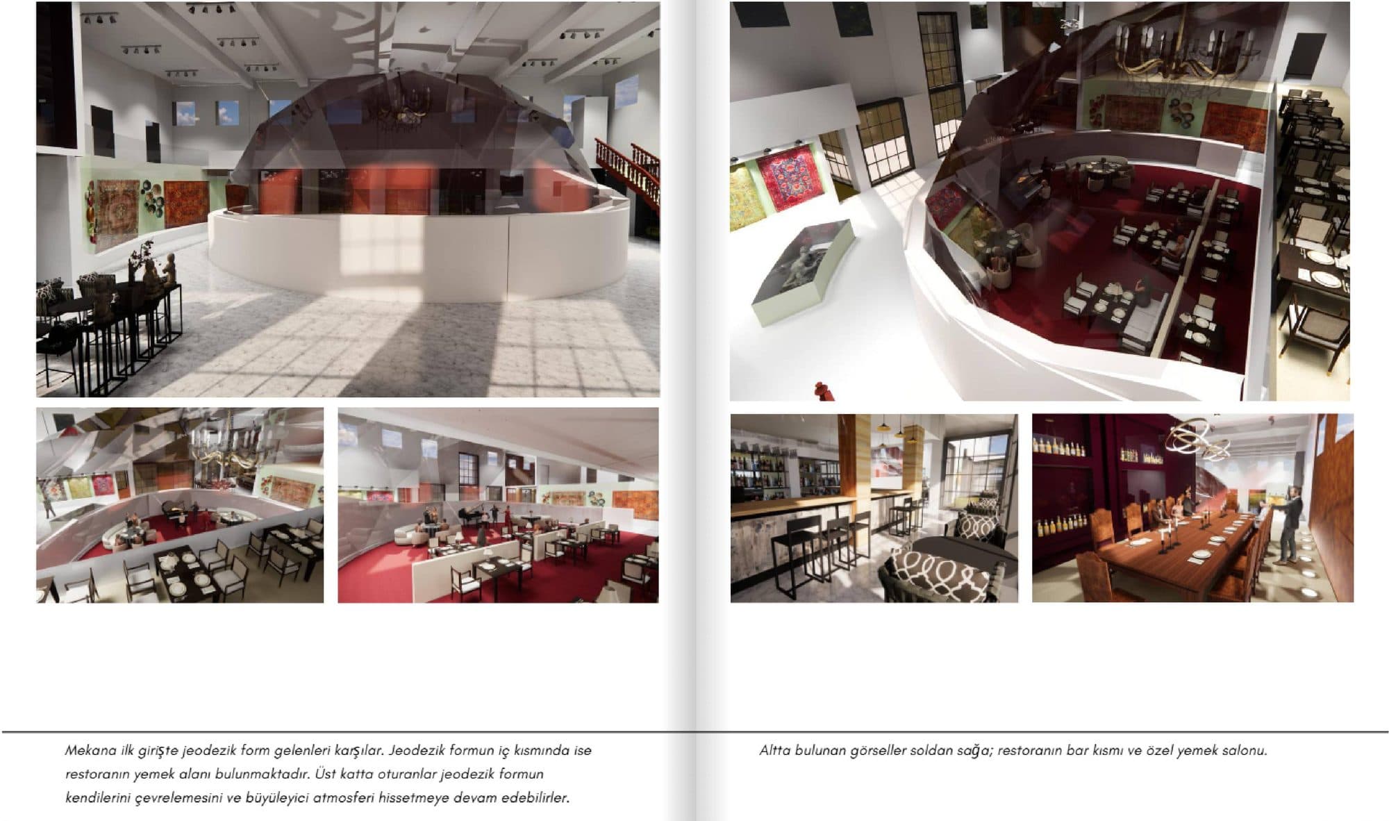 Massimo Bottura × UNESCO Restoran — girişte karşılayan jeodezik form, bar ve özel yemek salonu