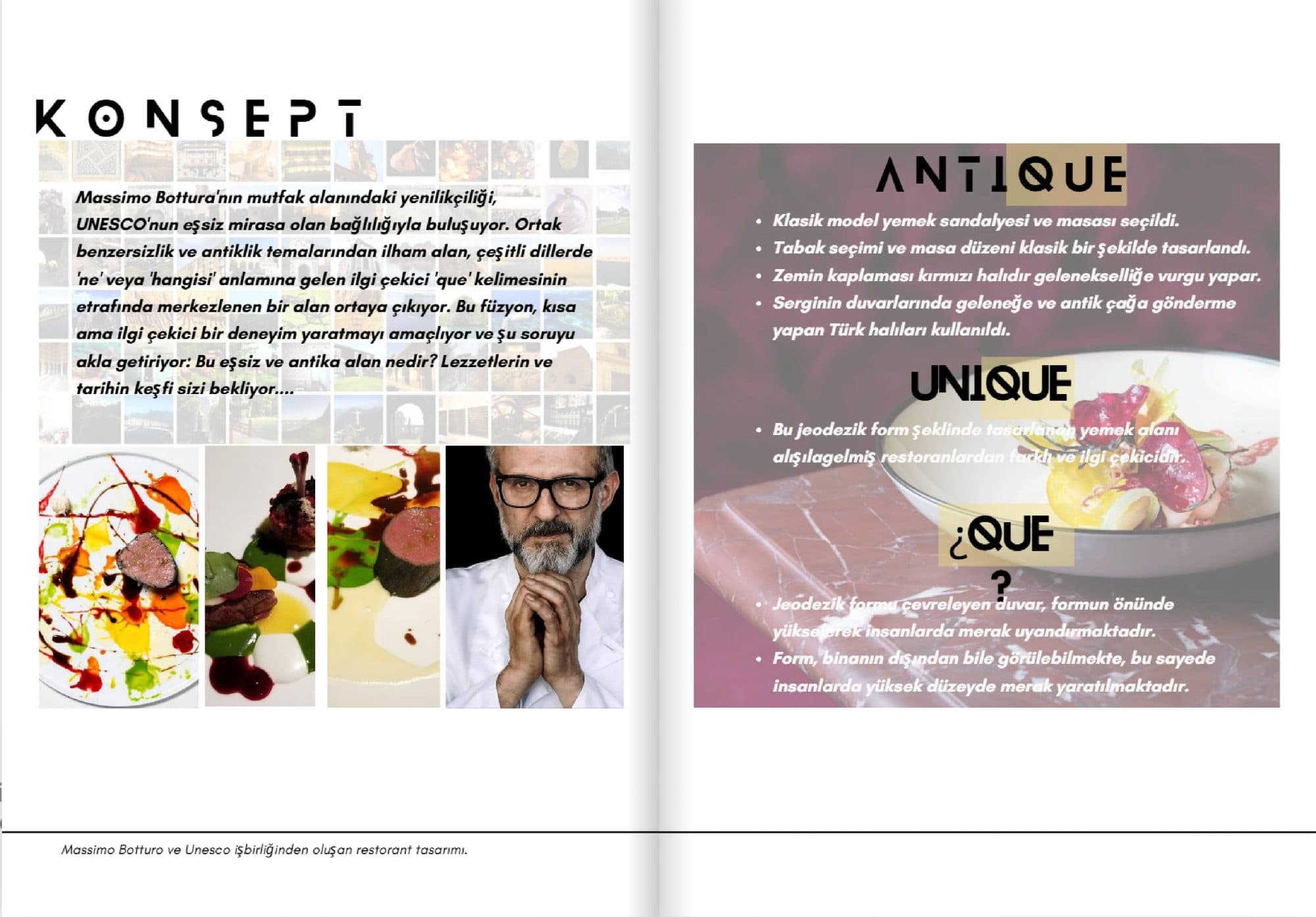 Massimo Bottura × UNESCO Restoran — antique, unique ve ¿que? konsept paftası