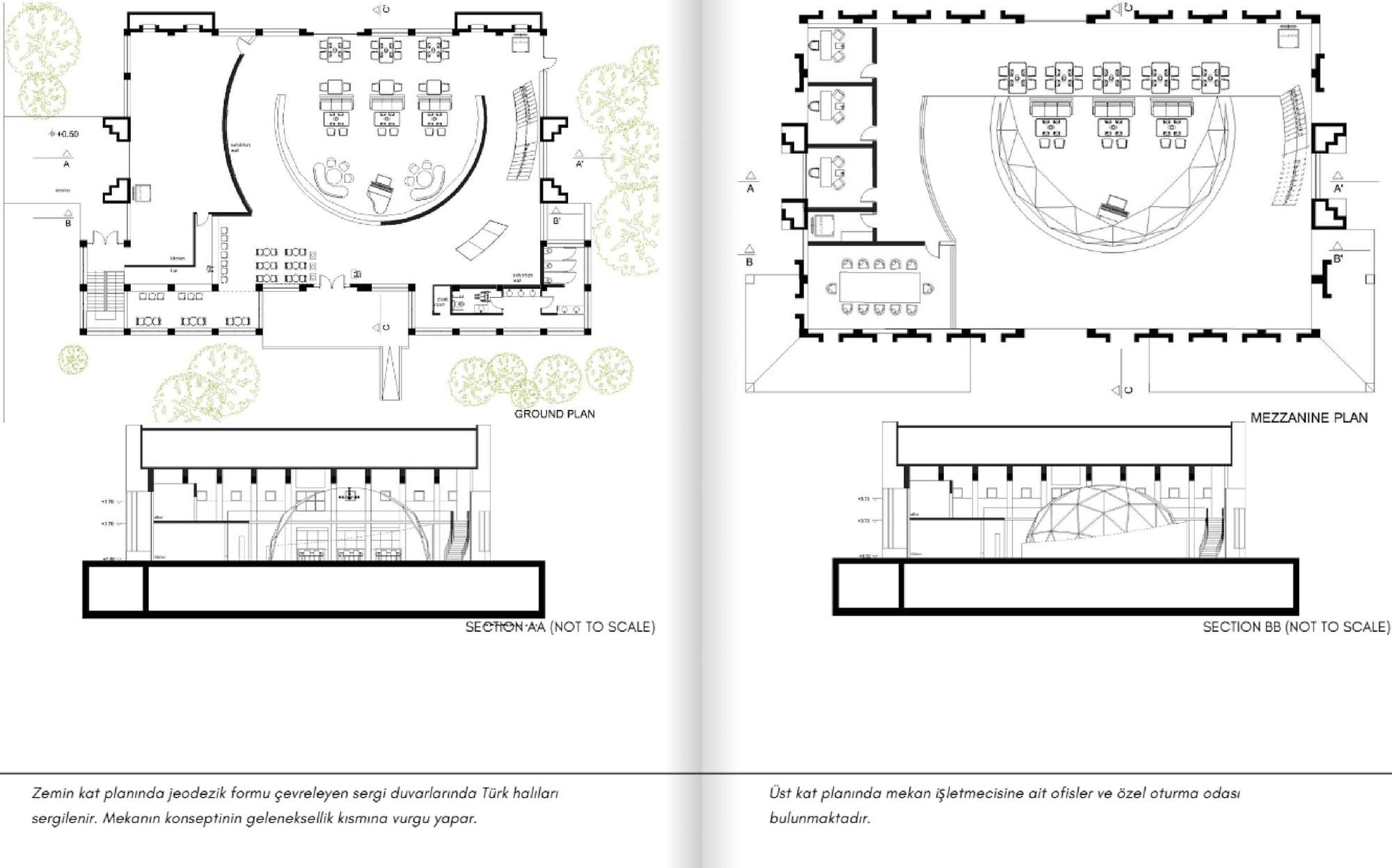 Massimo Bottura × UNESCO Restoran — zemin kat, asma kat planları ve kesitler
