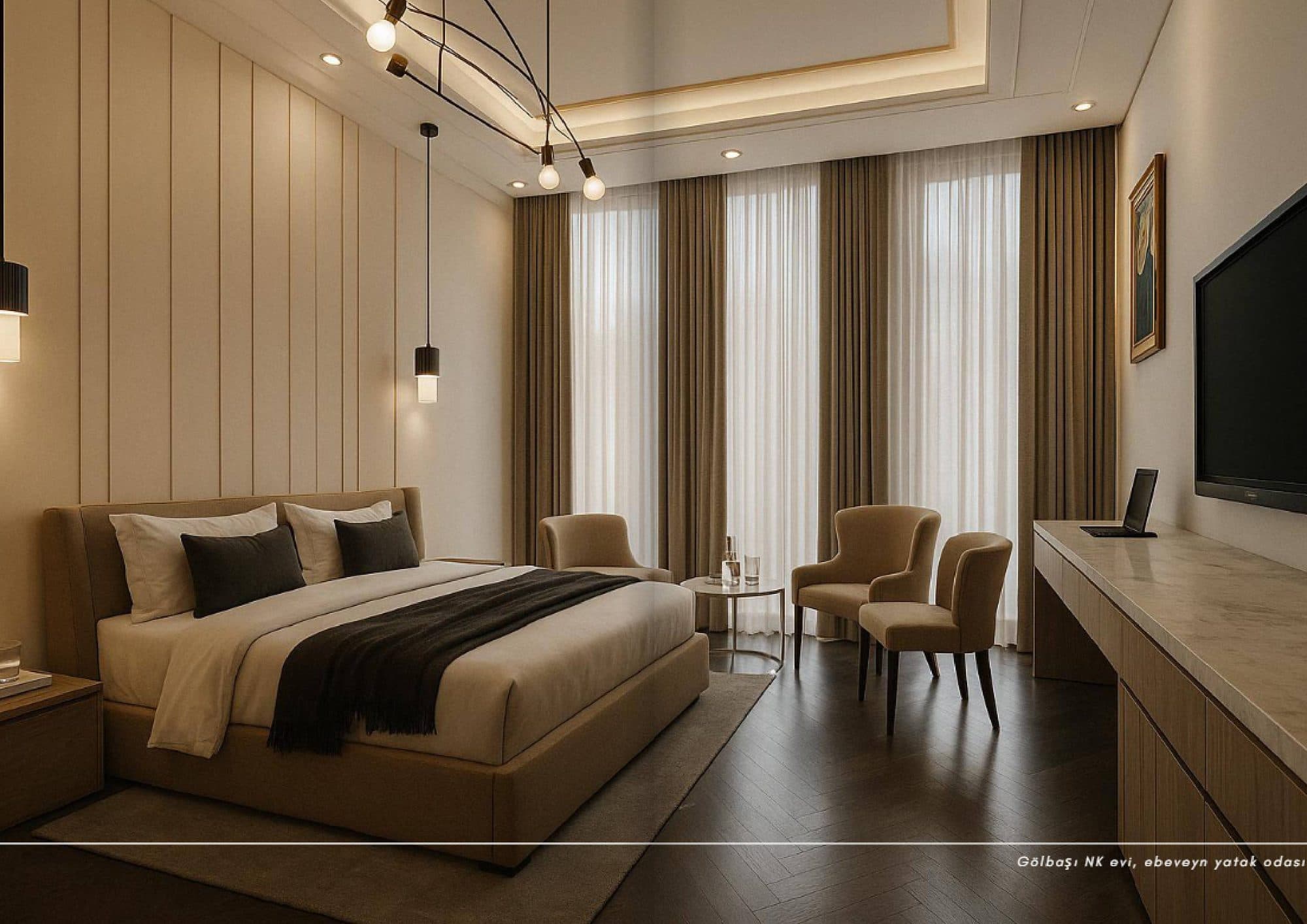 Gölbaşı NK Evi — ebeveyn yatak odası ve çalışma tezgâhı