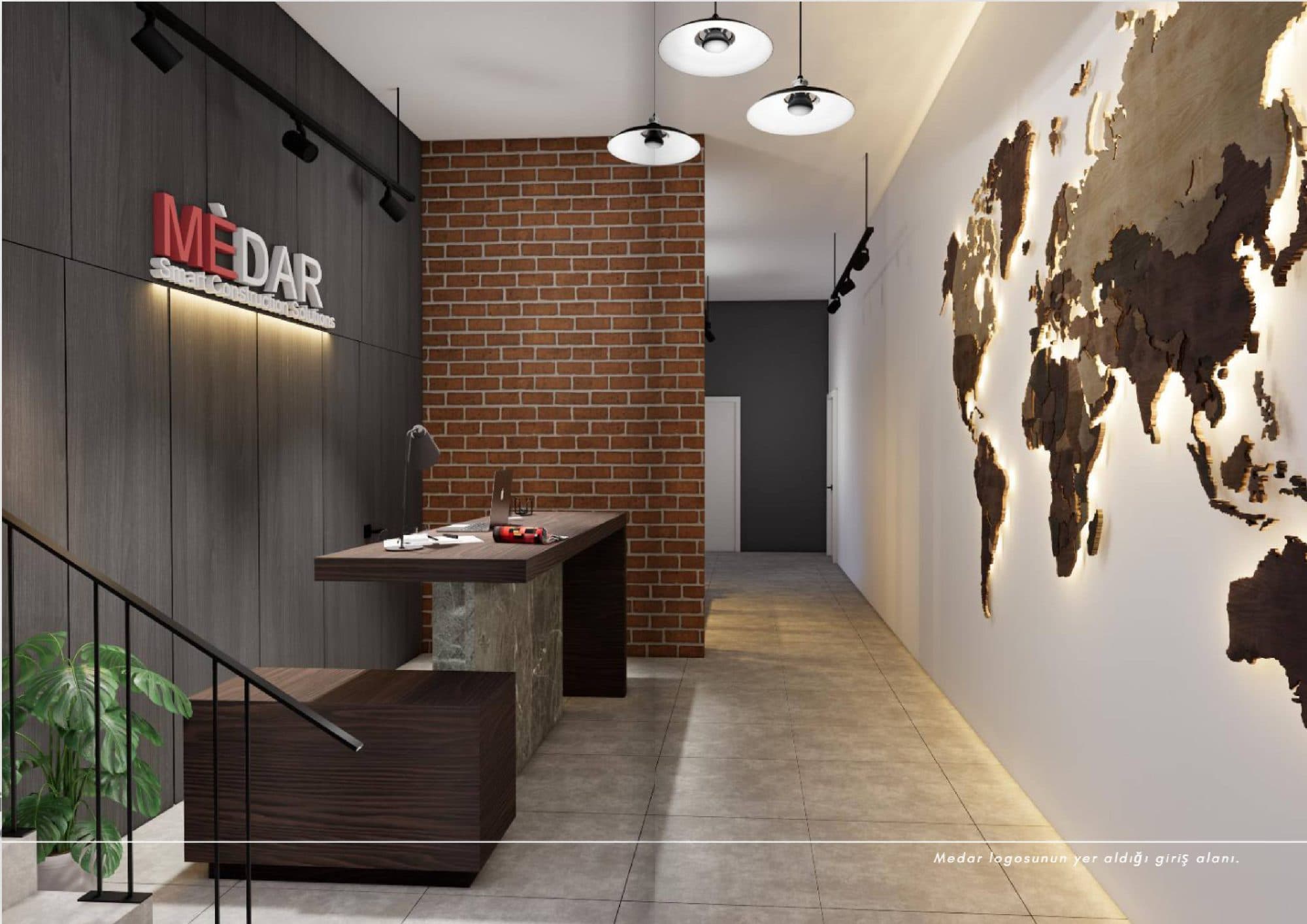Medar Fabrika Ofisleri — giriş holü, logo duvarı ve aydınlatmalı ahşap dünya haritası